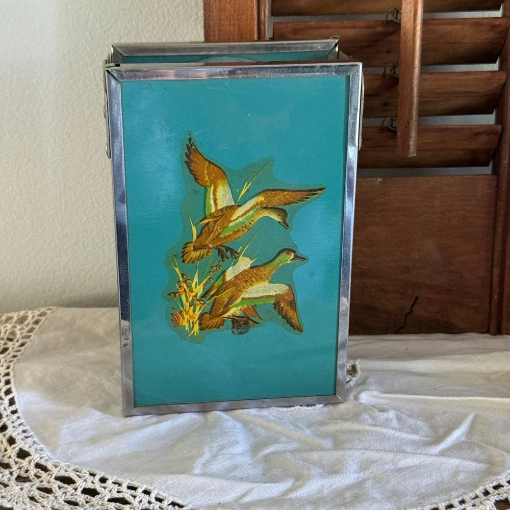 Vintage Mallard Duck Travel Shaving Kit Folding Mirror Teal Enamel Cup Grooming